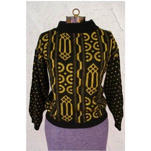 Vintage 80s Polka Dot Abstract Knit Sweater | XS small | vtg | black gold |